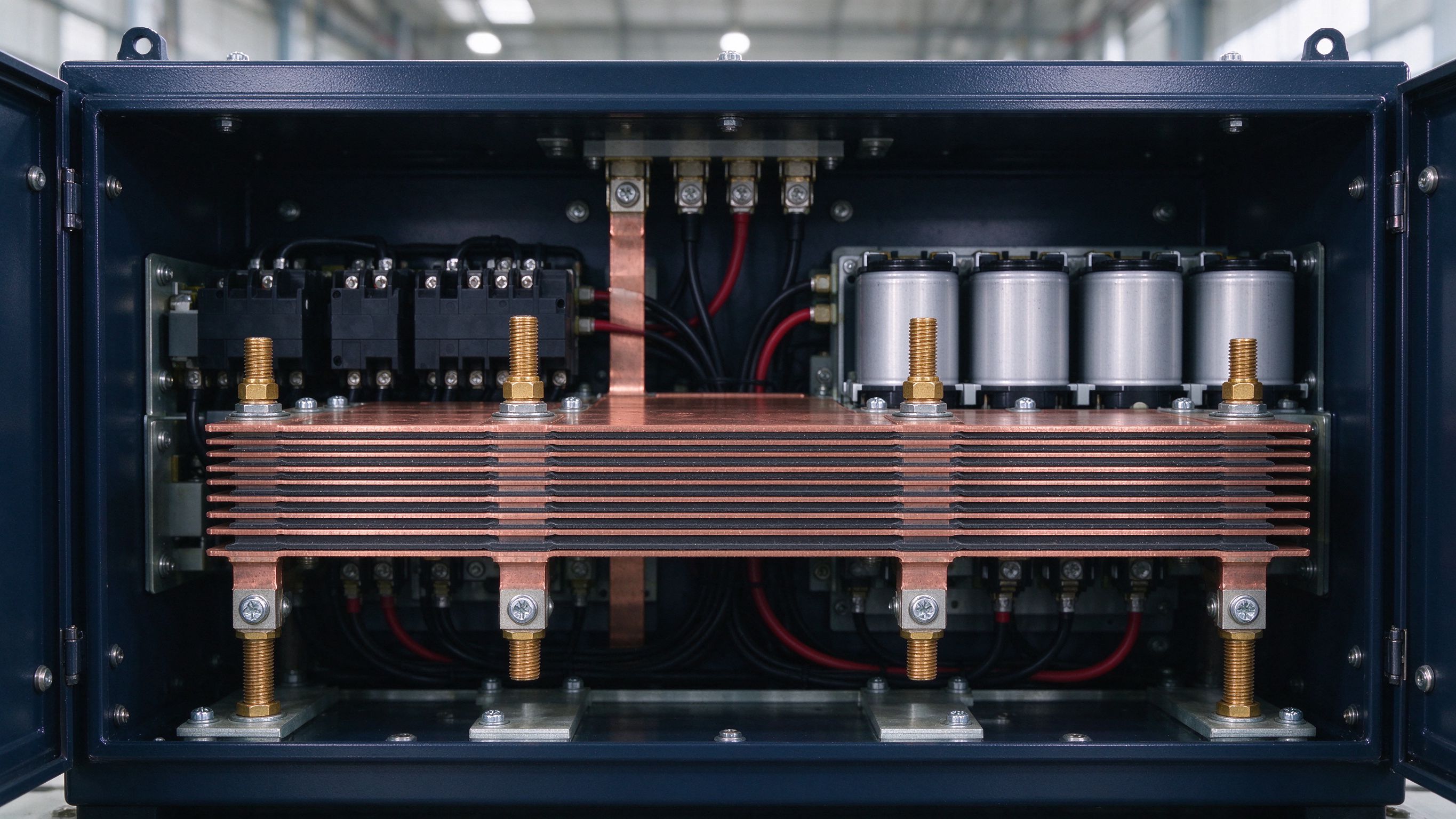 Laminated DC-link busbar with stud terminals inside an EV DC fast charger power cabinet