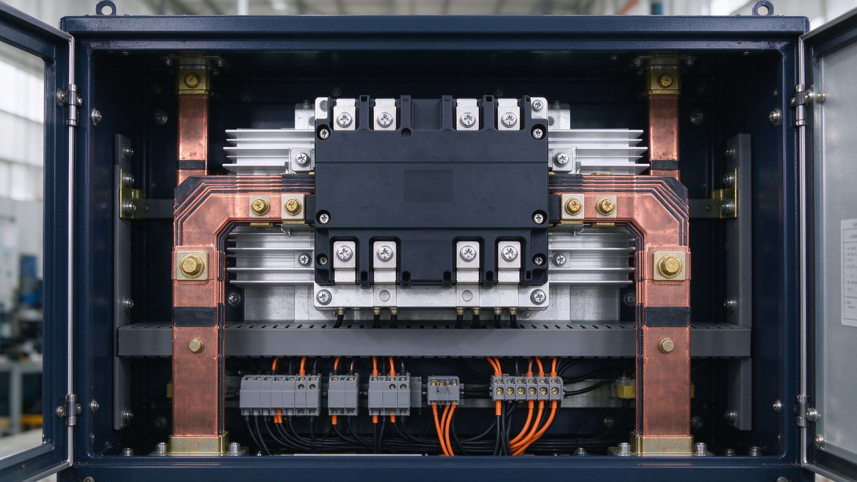 Laminated DC-link busbar with blade terminals connecting IGBT modules in a VFD cabinet