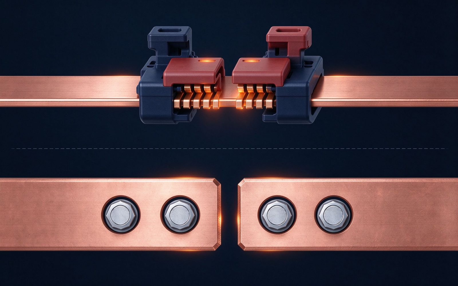 Diagram of an open-side clip connector mating onto a busbar with parallel contact fingers