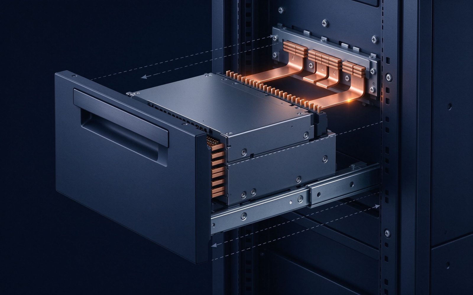 Diagram of a blind-mate drawer interface with the PDU busbar entering the drawer