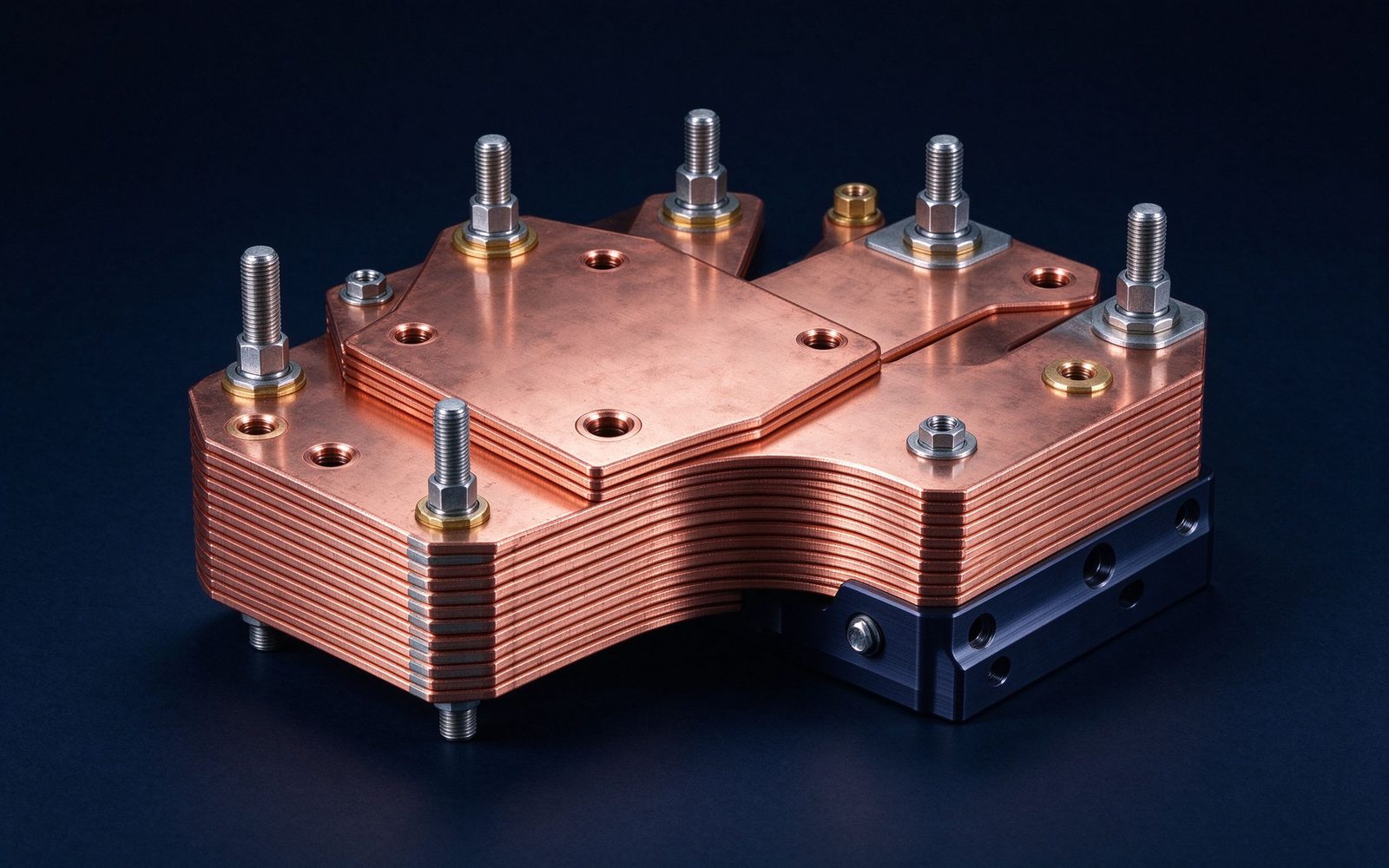 Low-profile pentagon-shaped laminated busbar feeding power from a central circular connector to edge-mounted PCBs inside airborne power distribution equipment