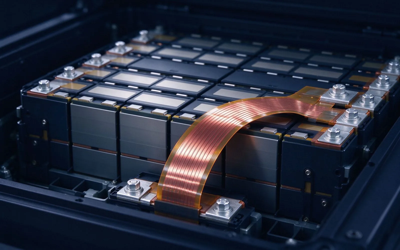 Flexible laminated busbar connecting battery modules in a compact power-dense robot architecture