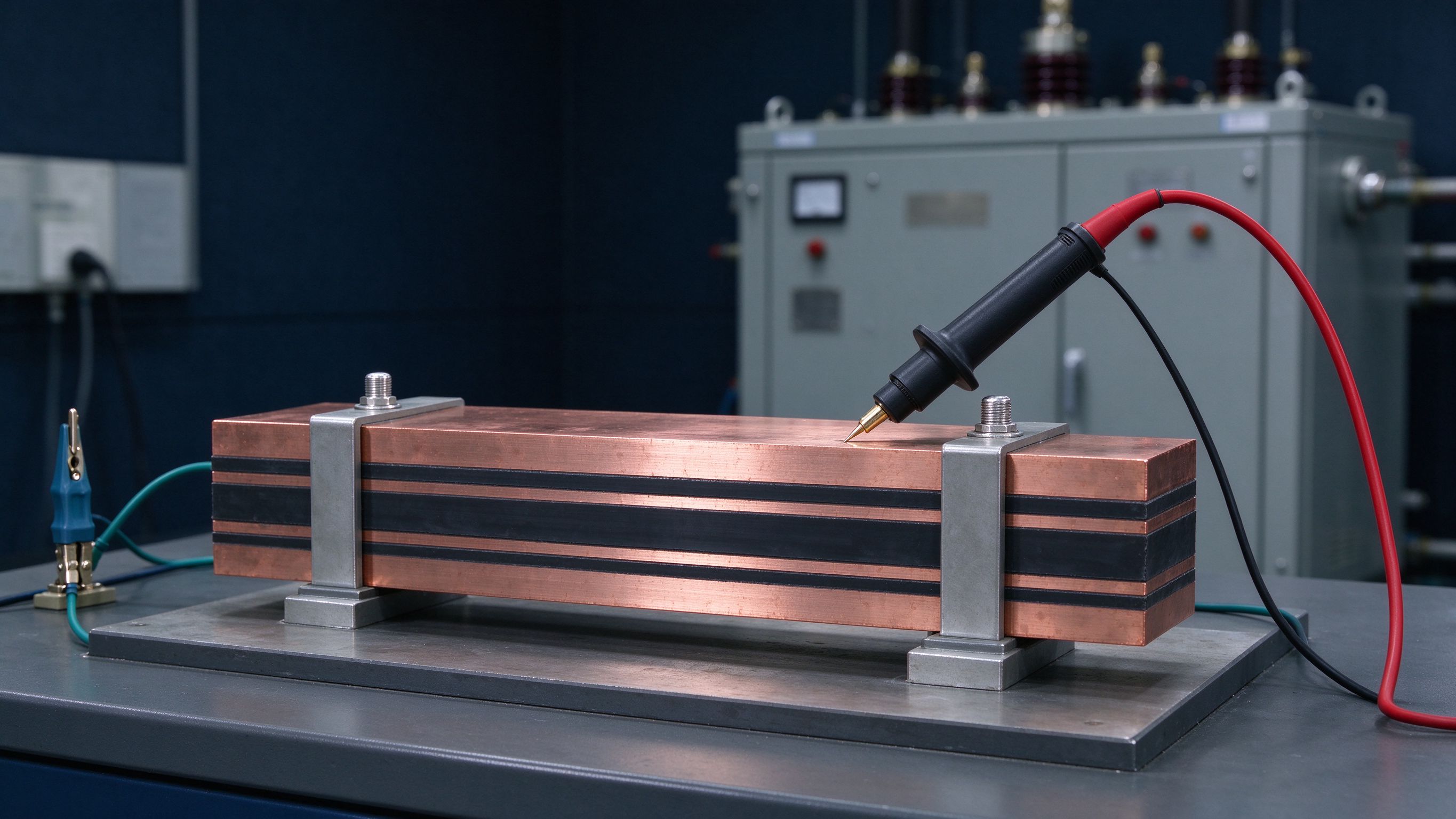 High-voltage partial discharge test bench with a laminated busbar sample under probe